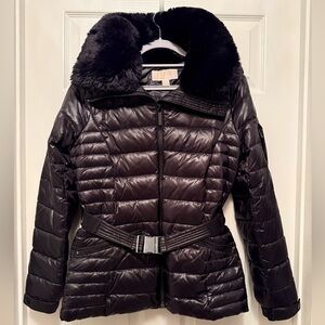 Michael Kors Shiny Black Puffer Jacket with Fur Collar